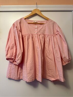 Relaxed Pink Cotton Puff-Sleeve Blouse